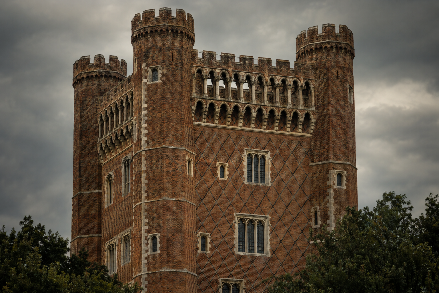 AI illustration of Tattershall Castle’s red-brick great tower, showing octagonal corner turrets, patterned masonry and its arcaded parapet.